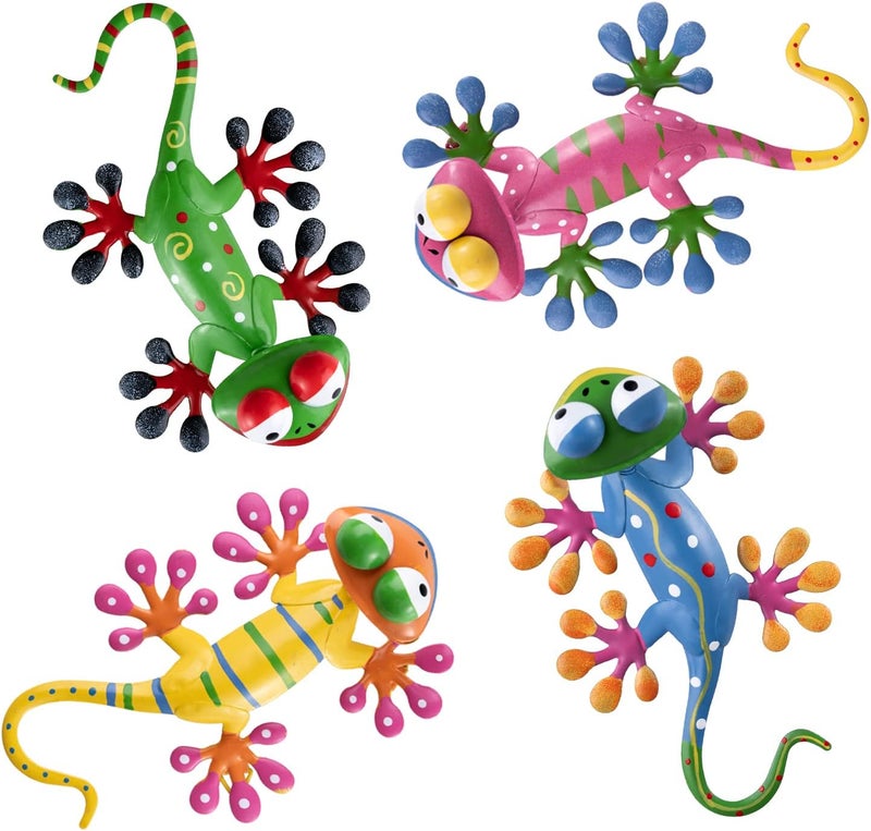 YEAHOME 4 Pack Metal Geckos Inspirational Wall Art, Mexican Outdoor Wall Decor with Shaking Head, Lizard Wall Sculptures & Statues for Farmhouse, Porch, Patio, Lawn, Fence, Backyard - Image 1