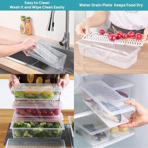 VROKLA 6pcs Fridge Storage Boxes Fridge Organizer with Removable Drain Plate and Lid Stackable Fridge Storage Containers Plastic Freezer Storage Containers for Fish, Meat, Vegetables, Fruits (1500ML) - Image 5