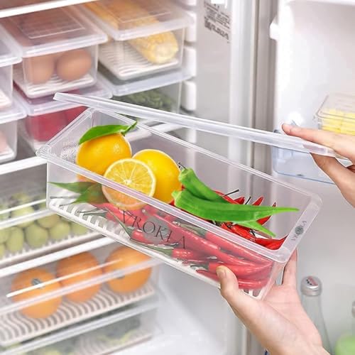 VROKLA 6pcs Fridge Storage Boxes Fridge Organizer with Removable Drain Plate and Lid Stackable Fridge Storage Containers Plastic Freezer Storage Containers for Fish, Meat, Vegetables, Fruits (1500ML) - Image 1