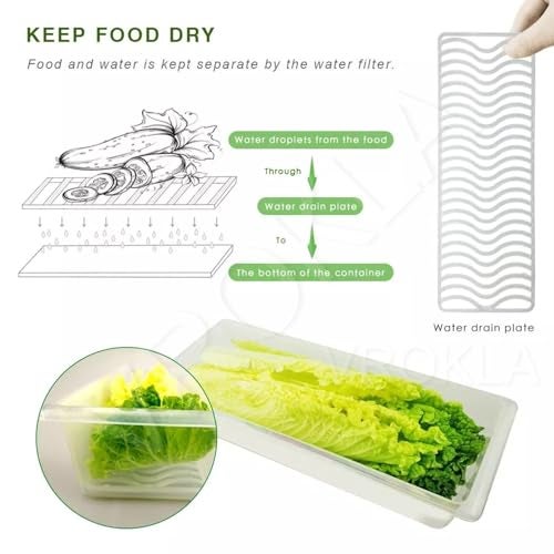 VROKLA 6pcs Fridge Storage Boxes Fridge Organizer with Removable Drain Plate and Lid Stackable Fridge Storage Containers Plastic Freezer Storage Containers for Fish, Meat, Vegetables, Fruits (1500ML) - Image 3
