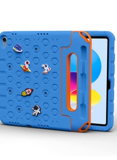 Rugged Protective EVA Silicone Kids Case Cover, Shockproof DIY 3D Cartoon Pattern with Pencil Holder, Stand and Handle Grip Compatible for Apple iPad 2022 (10th Gen) 10.9 inch (Sky Blue)