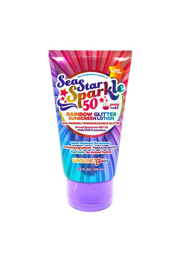 Sunshine & Glitter Sea Star Sparkle Biodegradable Glitter Sunscreen With Spf 50 Rainbow Party Cake Water Resistant 80 Min Biodegradable Glitter Vegan & Cruelty Free Tsa Approved 3.4 Oz - Image 1