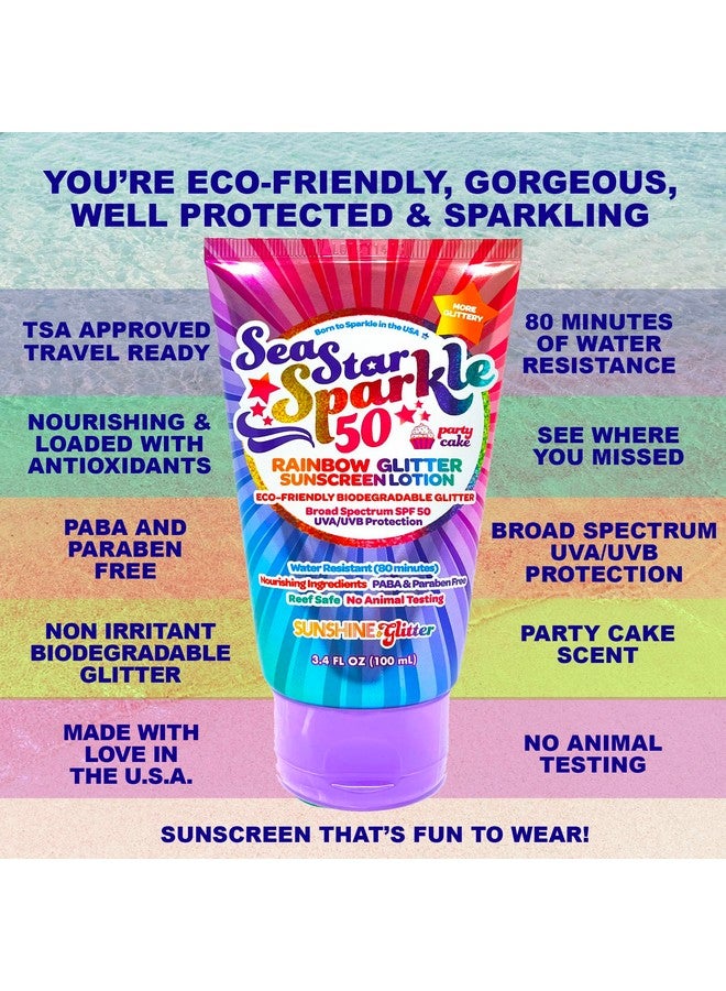 Sunshine & Glitter Sea Star Sparkle Biodegradable Glitter Sunscreen With Spf 50 Rainbow Party Cake Water Resistant 80 Min Biodegradable Glitter Vegan & Cruelty Free Tsa Approved 3.4 Oz - Image 3