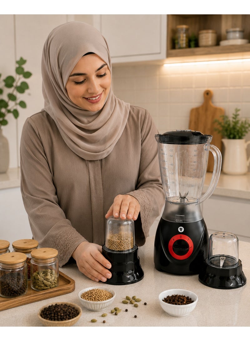 Lion 3 in 1 Blender Set 300W 1.5L Plastic Jar with 2 Grinders, 2 Speed + Pulse Function, Safety Switch, 2 Years warranty - Image 3