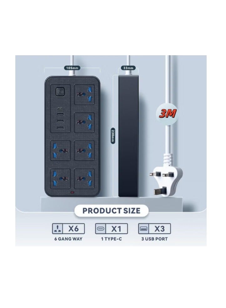 Power strip，3 meters Universal Extension Lead with Multiple Function UK Plug 3 Pin Socket Outlet with 6 Gang 3 USB Port 1 Type-C Port 3M Electric Socket Mains Strip for Home Kitchen and Office 3 meters - Image 3