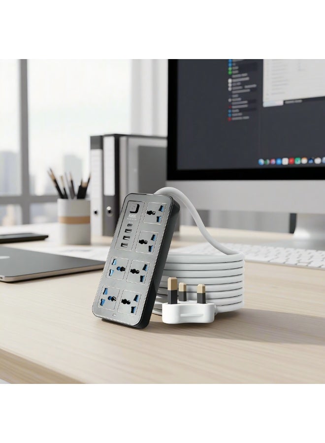 Power strip，3 meters Universal Extension Lead with Multiple Function UK Plug 3 Pin Socket Outlet with 6 Gang 3 USB Port 1 Type-C Port 3M Electric Socket Mains Strip for Home Kitchen and Office 3 meters - Image 2
