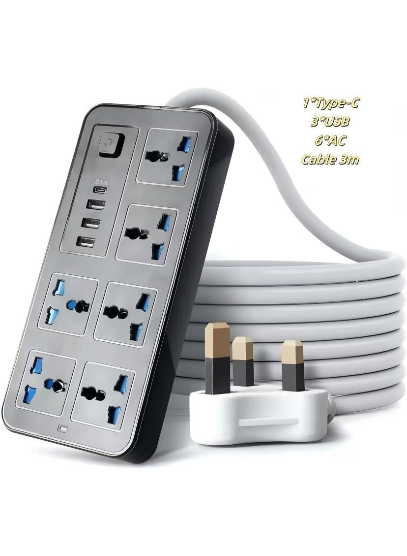 Power strip,3 meters Universal Extension Lead with Multiple Function UK Plug 3 Pin Socket Outlet with 6 Gang 3 USB Port 1 Type-C Port 3M Electric Socket Mains Strip for Home Kitchen and Office 3 meters