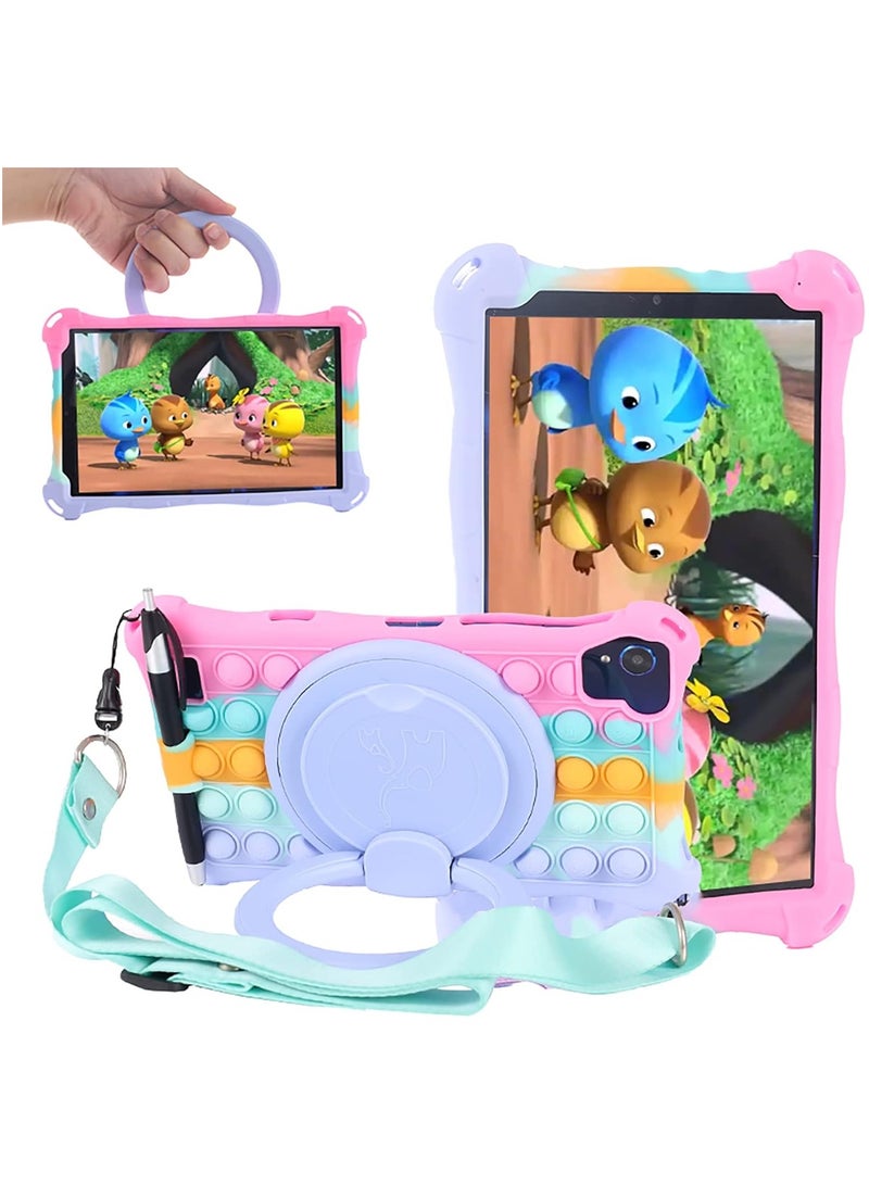 VKL Universal 8 Inch Case for Samsung Galaxy Tab A7 Lite 8.7 2021 T220/T225/T227 & Tab A 8.0 2019 T290/T295/T297 Silicone Cover with Shoulder Strap Pencil Holder Stylus, Rainbow Pink