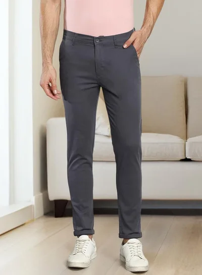 Dennis Lingo Men's Tapered Fit Steel Grey Cotton Chinos - Mid-Rise, Full Length, Button & Zip Closure,