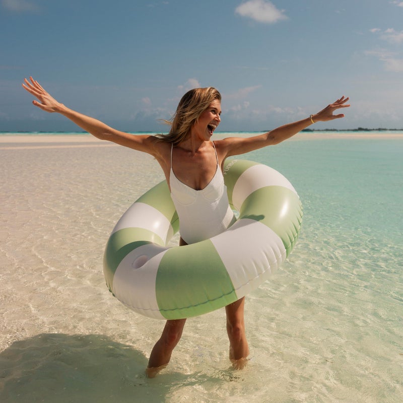 FUNBOY Giant Vintage Green Stripe Inflatable Tube Pool Float with Cup Holder 48" | Large Pool Float for Adults | Inner Tube Swimming Pool Toys Swim Rings | Pool Lounger Float for Pool Party & Summer - Image 2