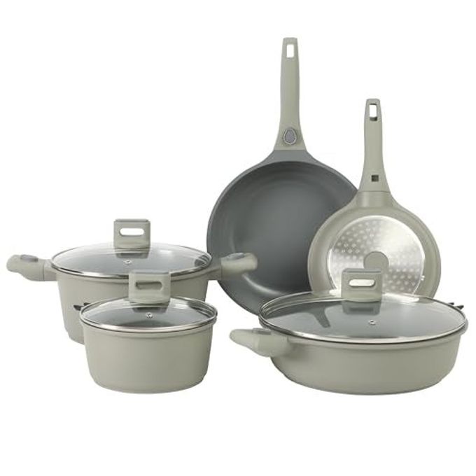 Sur La Table Kitchen Essentials 13 Piece Detachable Handle Pots and Pans Premium PFA Free Premium Ceramic Non Stick Induction Safe and Secure Removable Handle Cookware Set - Juniper Green