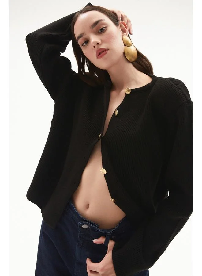 JUNE June Button Detailed Padded Knitwear Cardigan Black