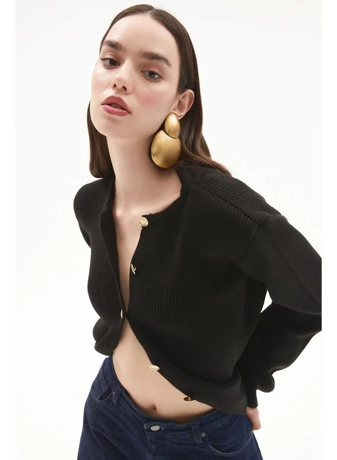 JUNE June Button Detailed Padded Knitwear Cardigan Black