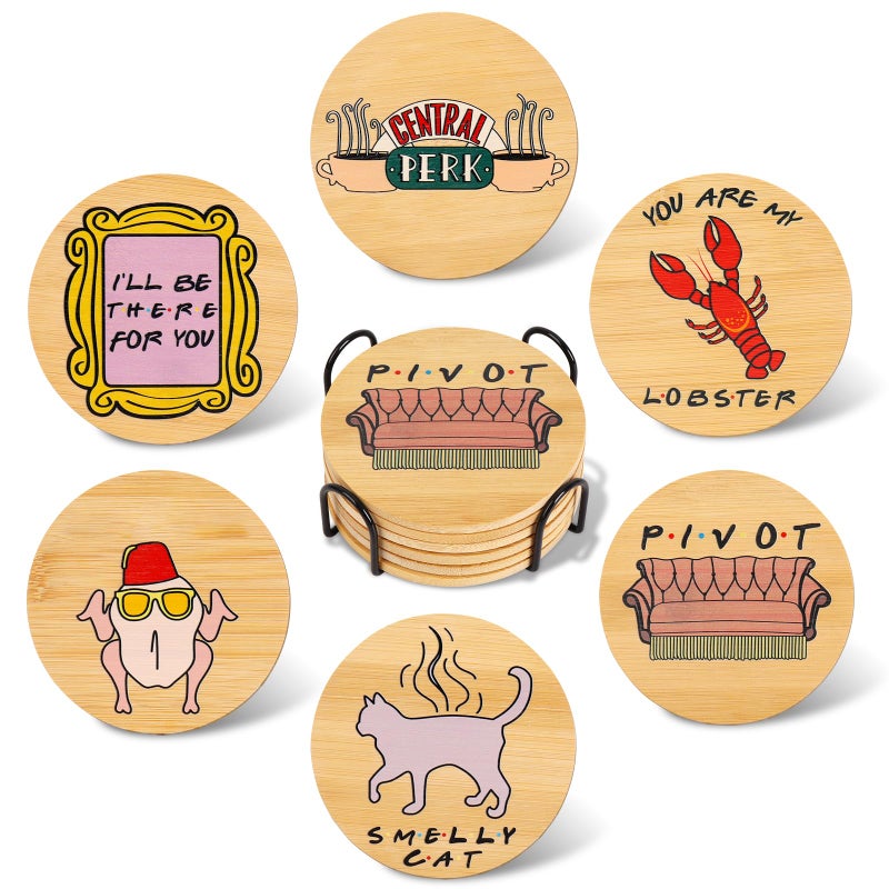 Puluole Friends TV Show Merchandise  Friends Coasters Set of 6Friends TV Show Gifts for WomenWooden Coasters for Drinks with Coaster HolderFriends TV Show Decor 