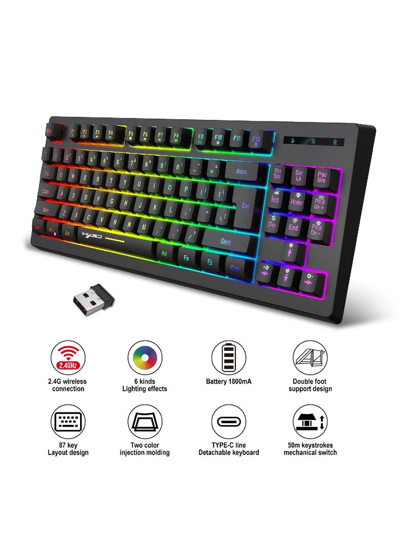 إتش إكس إس جيه لوحة مفاتيح الألعاب اللاسلكية Ture Rgb بإضاءة خلفية 87 مفتاحًا لوحة مفاتيح مدمجة للغاية لأجهزة الكمبيوتر الشخصية التي تعمل بنظام Windows Mac Gaming Typist باللون الأسود - Image 2