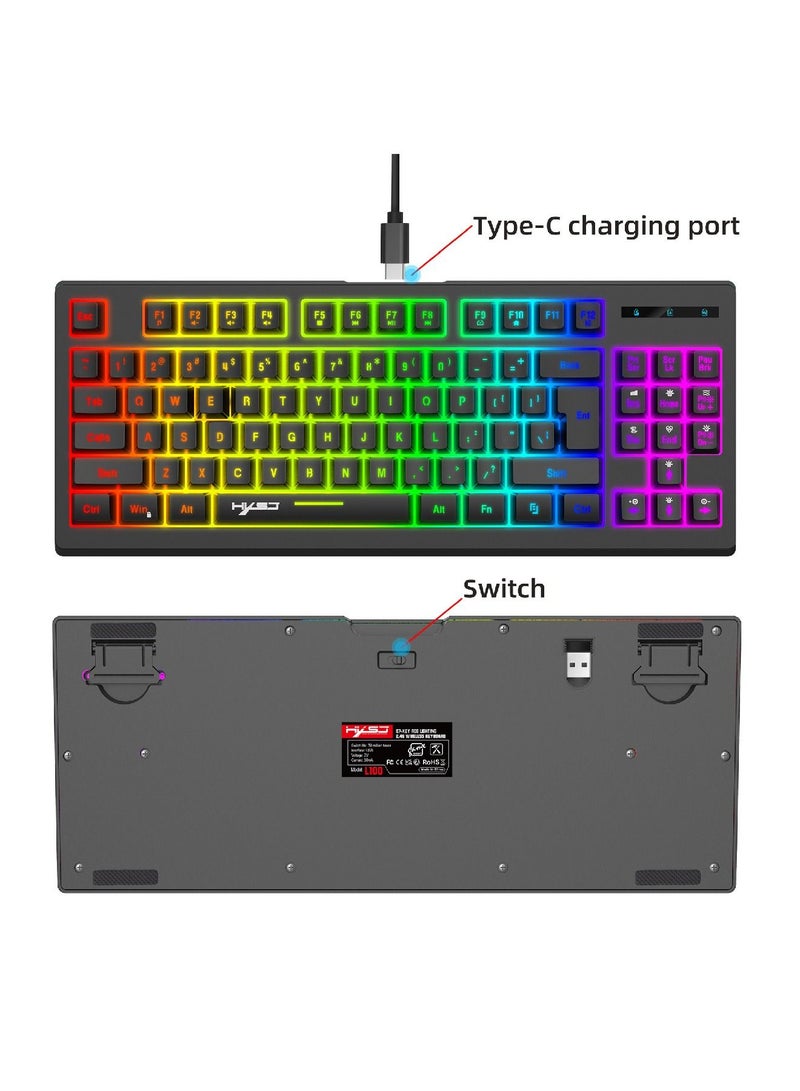 إتش إكس إس جيه لوحة مفاتيح الألعاب اللاسلكية Ture Rgb بإضاءة خلفية 87 مفتاحًا لوحة مفاتيح مدمجة للغاية لأجهزة الكمبيوتر الشخصية التي تعمل بنظام Windows Mac Gaming Typist باللون الأسود - Image 3
