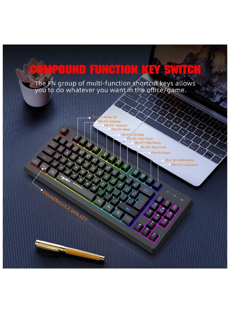 إتش إكس إس جيه لوحة مفاتيح الألعاب اللاسلكية Ture Rgb بإضاءة خلفية 87 مفتاحًا لوحة مفاتيح مدمجة للغاية لأجهزة الكمبيوتر الشخصية التي تعمل بنظام Windows Mac Gaming Typist باللون الأسود - Image 4