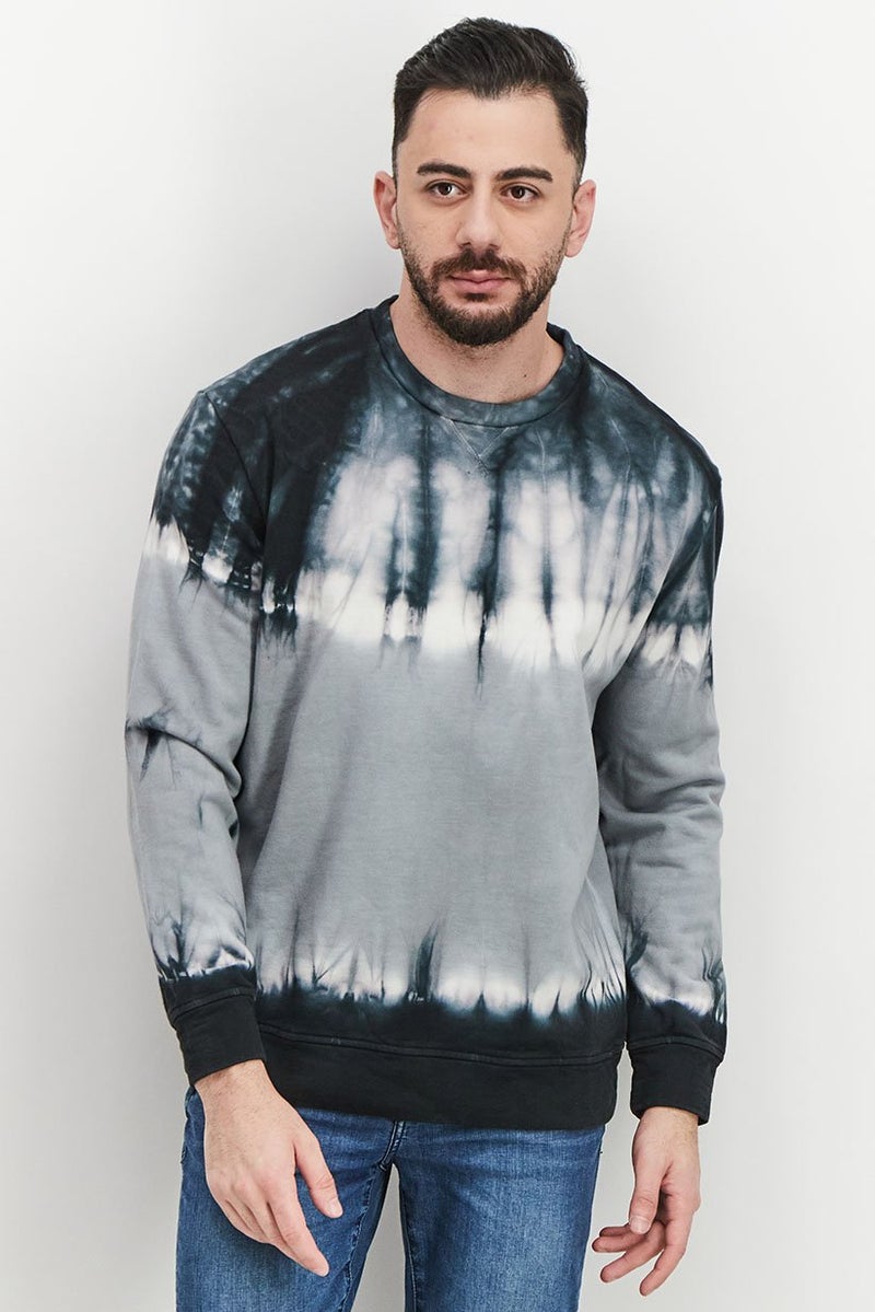 DIESEL سويت شيرت رجالي برقبة دائرية وأكمام طويلة ومزين بصبغة التعادل، مجموعة باللون الأسود - Image 1