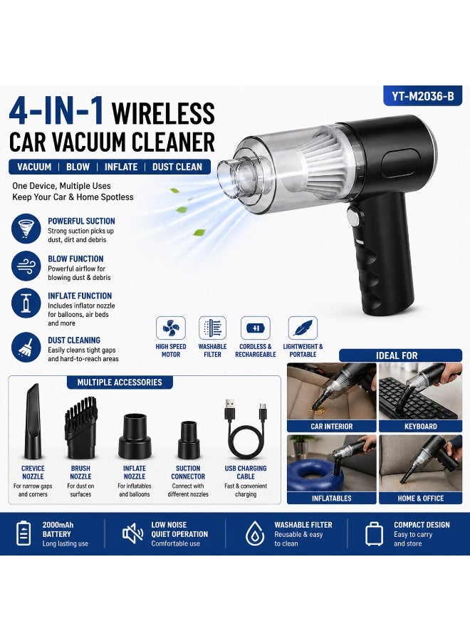 4-in-1 Wireless Car Vacuum Cleaner YT-M2036-B, Cordless Handheld Vacuum & Air Blower, Rechargeable Mini Cleaner for Car, Home & Office - Image 2