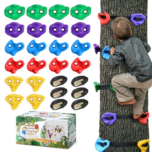 TOPNEW 20 Ninja Tree Climbing Holds for Kids Climber Adult Climbing Rocks with 6 Ratchet Straps for Outdoor Ninja Warrior Obstacle Course Training - Image 1