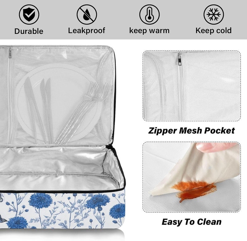ElliTarr Casserole Carrier Insulated Casserole Dish Carrier Thermal Food Warmer Bag Lasagna Holder Lugger Tote Potluck Containers for Travel Picnic Party Blue Vintage Cornflowers and Butterflies - Image 4