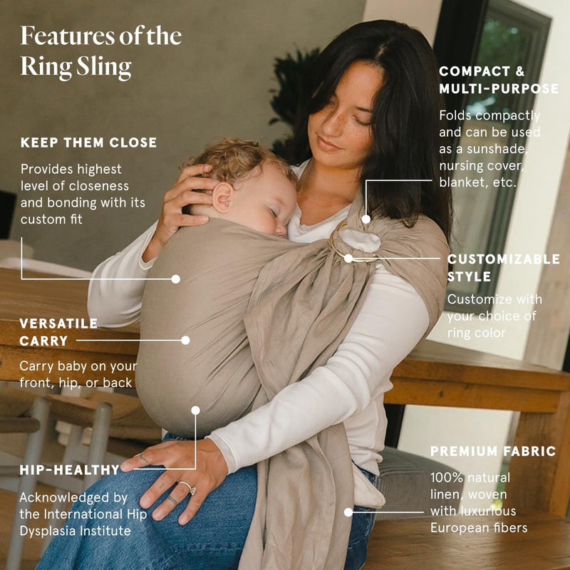 WildBird - Ring Sling Baby Carrier - 0-36 Months (up to 35 lbs) - Standard (74") Desert Lark & Black Ring - Front, Hip or Back Carry - Adjustable Fit - Natural Linen - Baby Essentials - New Mom Gifts - Image 2