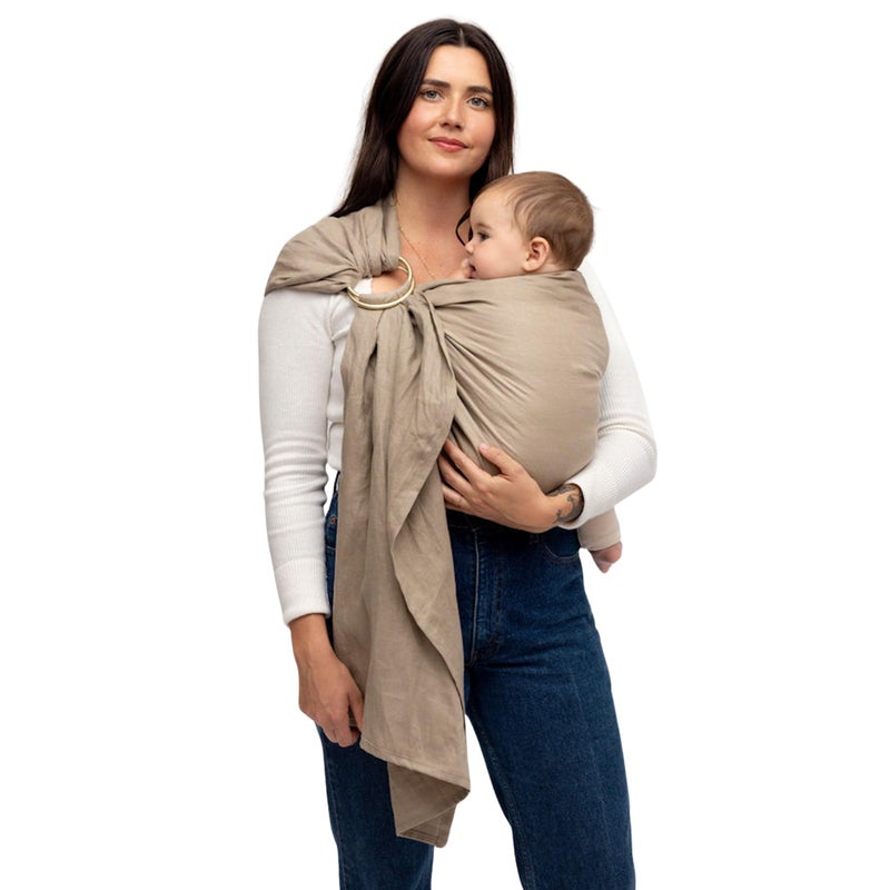 WildBird - Ring Sling Baby Carrier - 0-36 Months (up to 35 lbs) - Standard (74") Desert Lark & Black Ring - Front, Hip or Back Carry - Adjustable Fit - Natural Linen - Baby Essentials - New Mom Gifts - Image 1