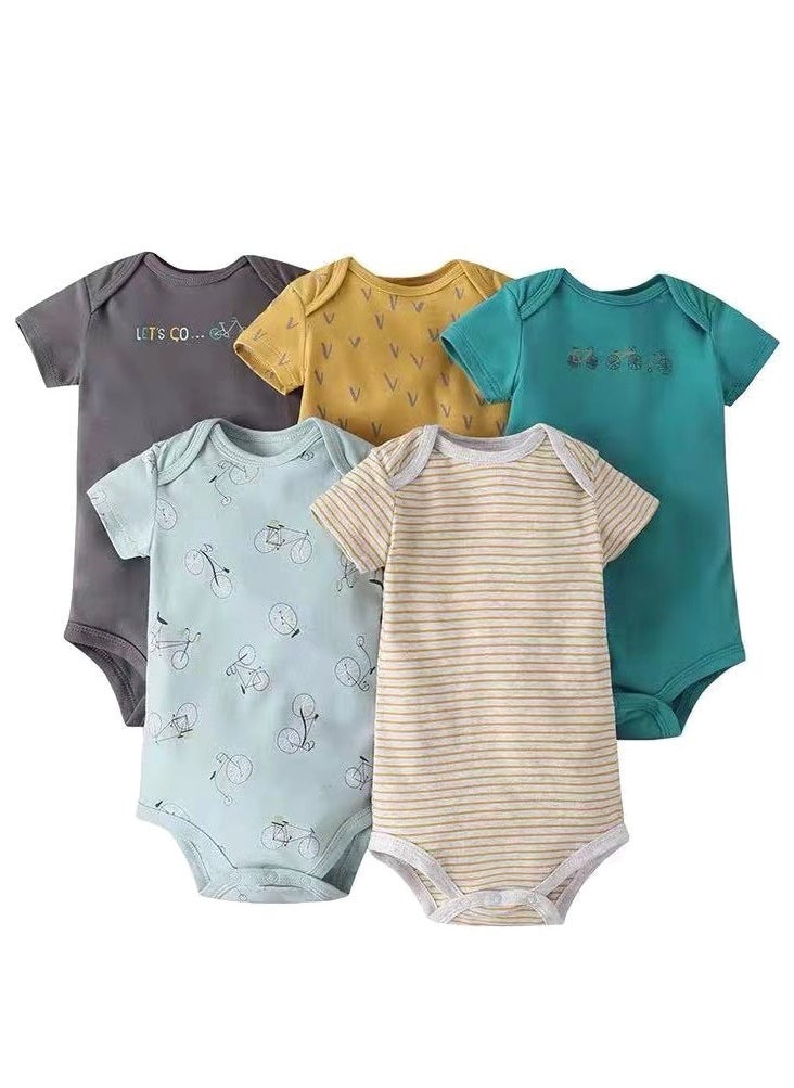 5-Piece Set Of pure Cotton Jumpsuits For Infants And Young Children, Short-Sleeved Crawling Clothes - Image 1