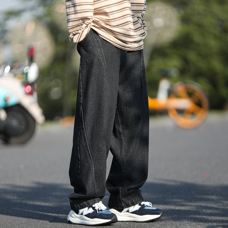 Japanese Style Retro cityboy Jeans Mens Loose Straight Wide Leg Pants oversize dark blue Work Pants Black [high quality]