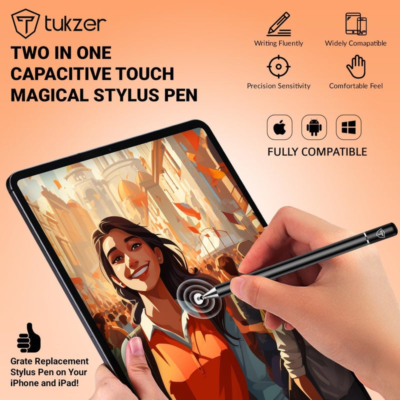 tuKZer Universal Stylus Pen for Smartphone/Tablet/iPad/Pro/Air/iPhone/iOS/Android/All Touch Screens Devices| Fine Point Disc Tip, Lightweight Aluminum Body Magnetic Cap Drawing Writing (Black) - Image 3