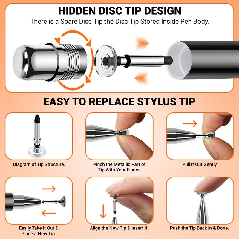 tuKZer Universal Stylus Pen for Smartphone/Tablet/iPad/Pro/Air/iPhone/iOS/Android/All Touch Screens Devices| Fine Point Disc Tip, Lightweight Aluminum Body Magnetic Cap Drawing Writing (Black) - Image 2