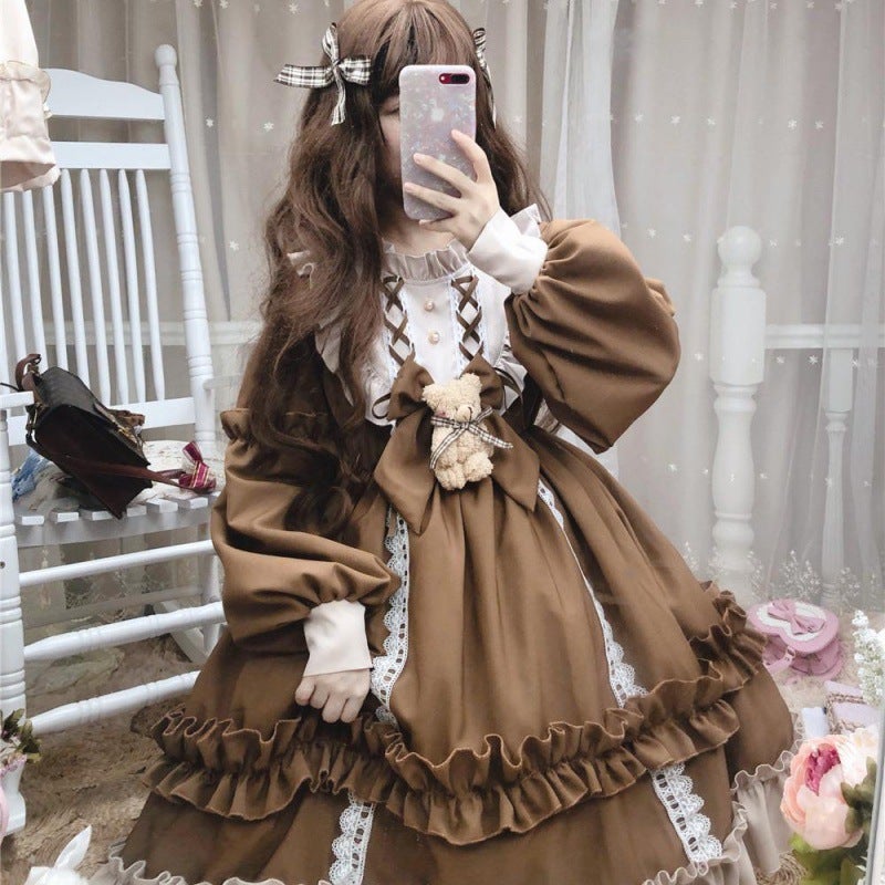 With Bear lolita Skirt Full 2022 New Autumn and Winter Students Korean Loose lolita Dress op Long Sleeve Women Coffee (with chest bow) 