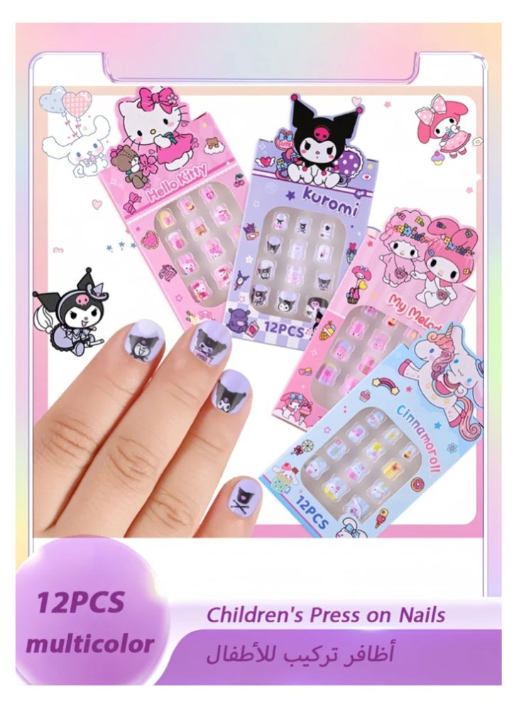 12pcs Kuromi Press On Nails for Kids, Cute Cartoon False Nail Tips with Manicure Tool, Removable DIY Nail Patch Set for Girls - Image 1