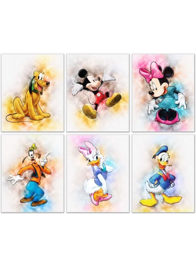 BigWig Prints BigWigPrints Mickey Mouse Original Watercolor Prints - Set of 6 Nursery Wall Art Decor (8 inches x 10 inches) - Minnie Donald Daisy Duck Pluto Goofy - Image 1