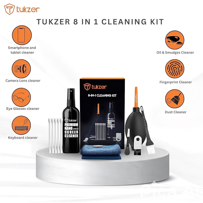 tuKZer Professional 8in1 Cleaning Kit for Laptop Tablet Smartphone Camera Airpod (100mlCleaning Solution AirBlower CottonSwabs Suede Plush Microfiber Cloth Antistatic Cleaning Bristle Universal Brush) - Image 2