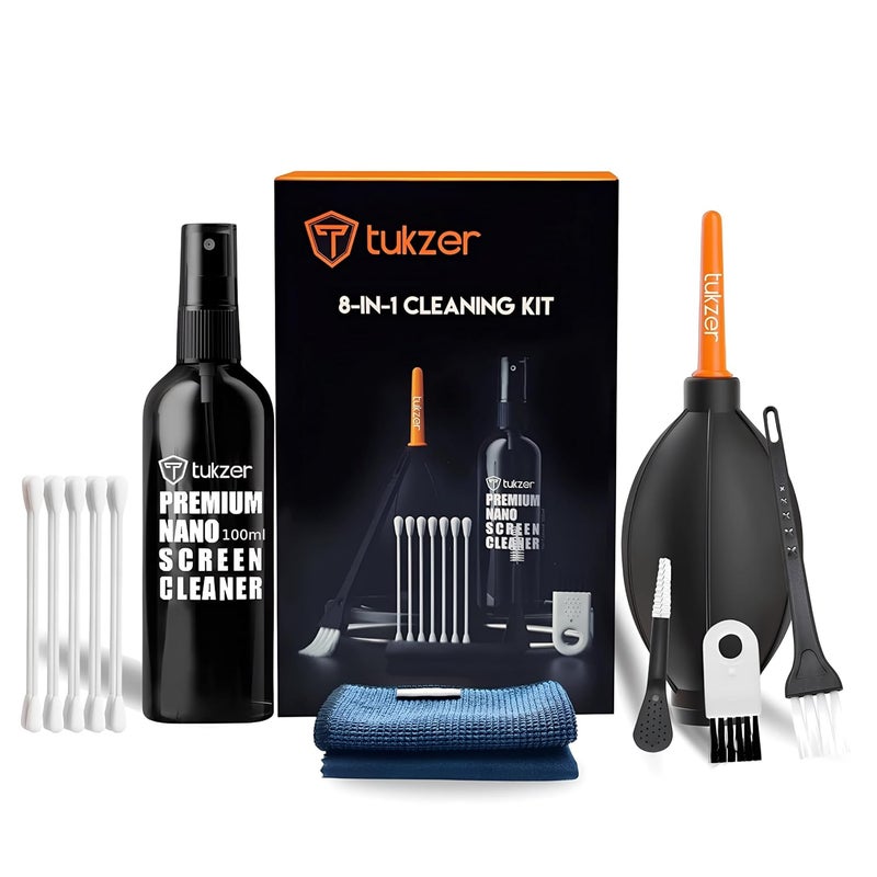 tuKZer Professional 8in1 Cleaning Kit for Laptop Tablet Smartphone Camera Airpod (100mlCleaning Solution AirBlower CottonSwabs Suede Plush Microfiber Cloth Antistatic Cleaning Bristle Universal Brush) - Image 1