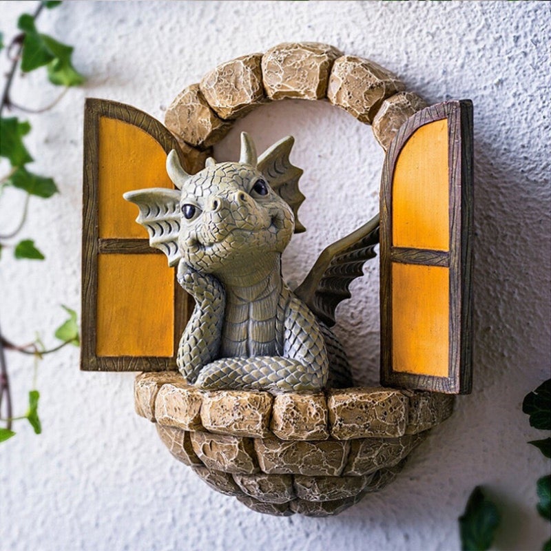 Dinosaur Open Window Door Sculpture Garden Cartoon Decor Wall Mount Home Resin Craft - Image 1