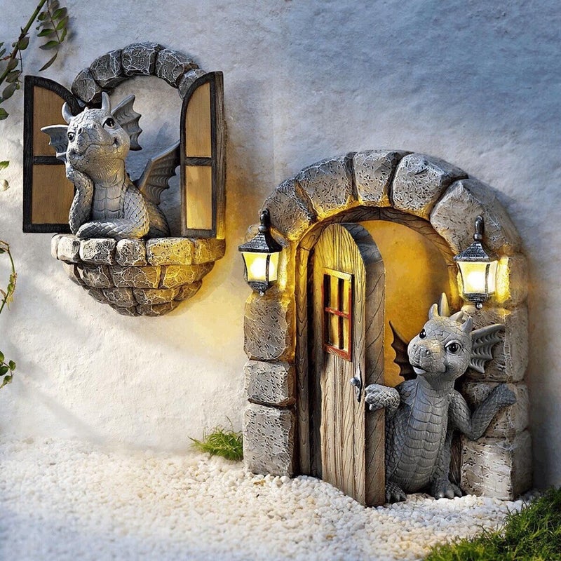 Dinosaur Open Window Door Sculpture Garden Cartoon Decor Wall Mount Home Resin Craft - Image 2