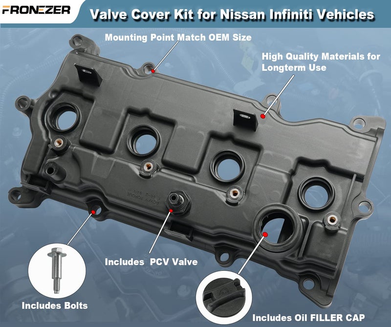 FRONEZER Engine Valve Cover with Gasket Bolts & Oil Filler Cap Compatible with 2013-2018 Nissan Altima 2016-2017 Nissan Murano 2014 Nissan Pathfinder 2014-2017 Nissan Rogue Infiniti QX60 2.5L Part# 13264-3KY0A - Image 5
