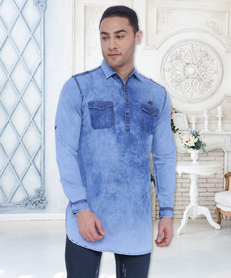 Kuons Avenue Men's Blue Cloud Tailored Fit Denim Short Pathani Kurta | Collar Kurta for Men (KACLFS1345XXXL_Blue Cloud_XXX-Large) - Image 4