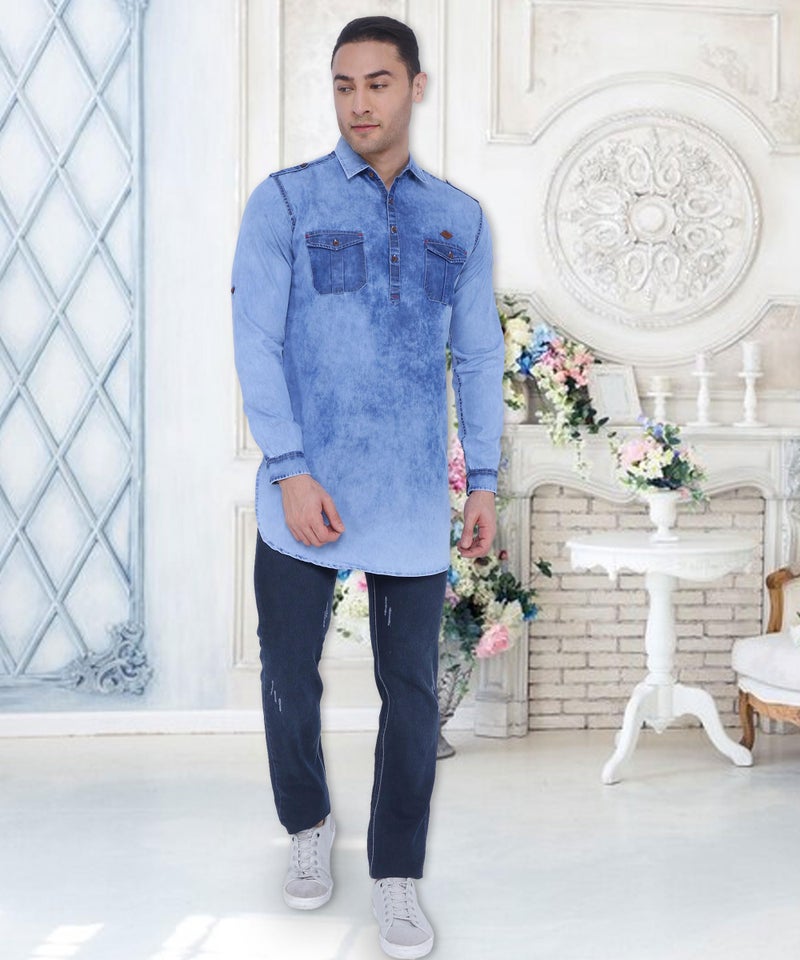 Kuons Avenue Men's Blue Cloud Tailored Fit Denim Short Pathani Kurta | Collar Kurta for Men (KACLFS1345XXXL_Blue Cloud_XXX-Large) - Image 3