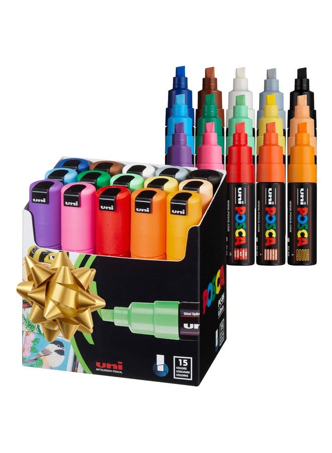 POSCA 15 Posca Paint Markers, 8K Broad Coloring Markers with Broad Chisel Tips, Set of Acrylic Paint Pens for Art Supplies, Fabric Paint, Fabric Markers, Paint Pen, Art Markers - Image 1