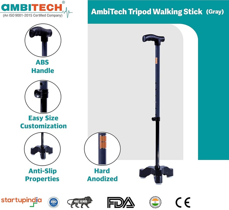 AMBITECH عصا المشي ثلاثية القوائم القابلة للتعديل في الارتفاع من MS المتميزة (صنع في الهند) (رمادي) - Image 3
