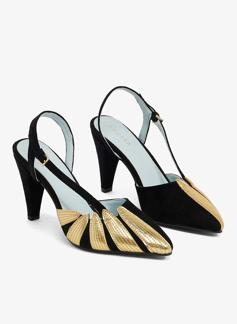 Khizana black rounded toe stiletto sling back, velvet with gold pu leaves - Image 4