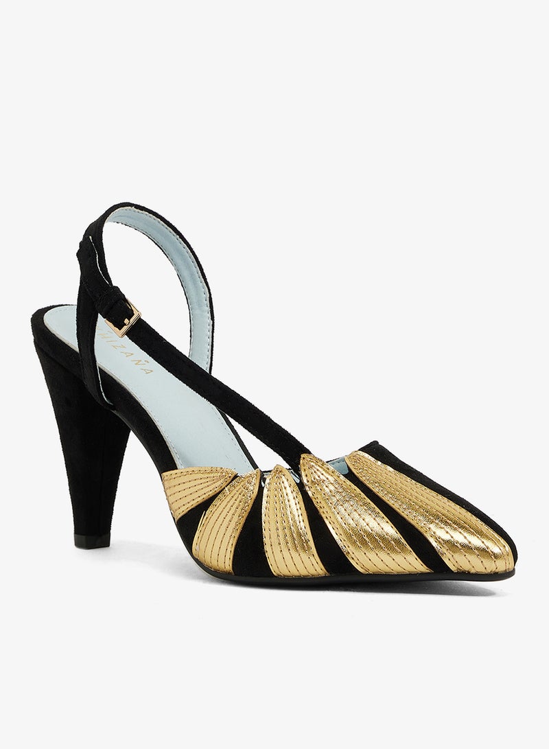 Khizana black rounded toe stiletto sling back, velvet with gold pu leaves - Image 2