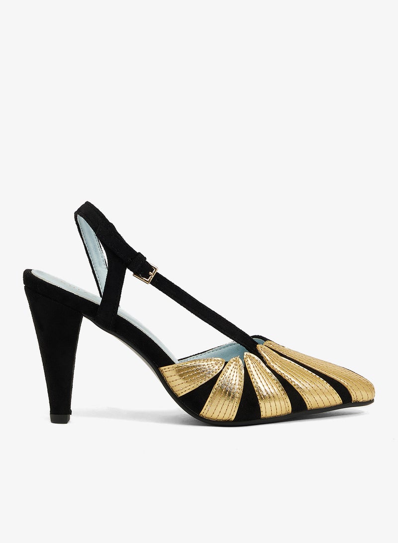 Khizana black rounded toe stiletto sling back, velvet with gold pu leaves - Image 1