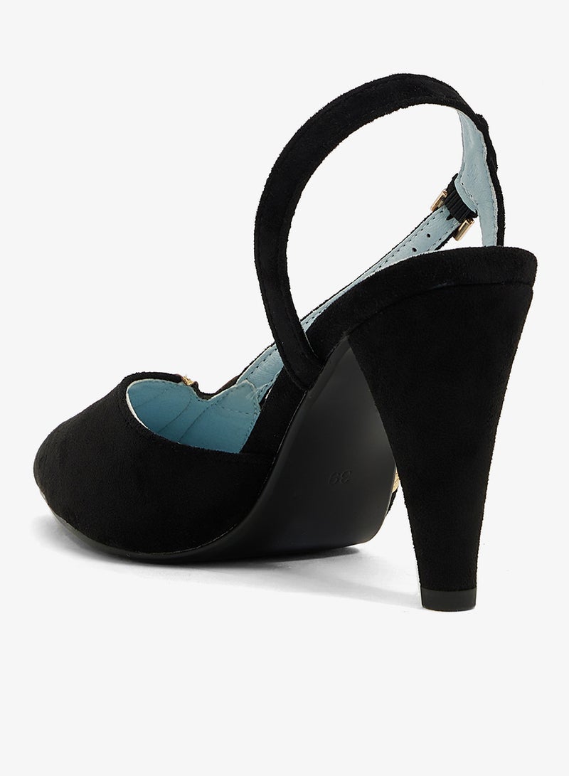 Khizana black rounded toe stiletto sling back, velvet with gold pu leaves - Image 3