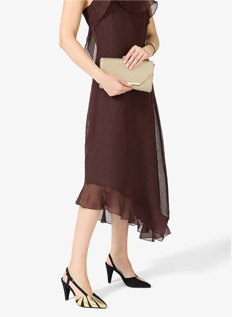 Khizana black rounded toe stiletto sling back, velvet with gold pu leaves - Image 5