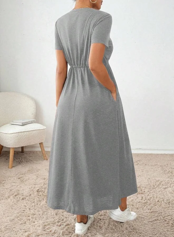 تايك تو Grey Solid Tie-Up Waist Short Sleeve A-Line Midi Dress
