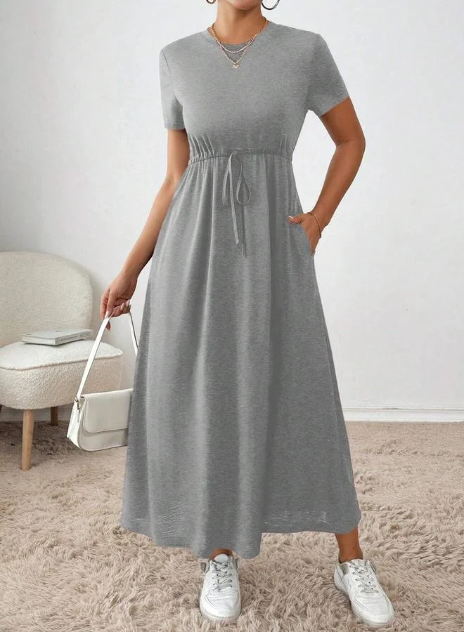 تايك تو Grey Solid Tie-Up Waist Short Sleeve A-Line Midi Dress